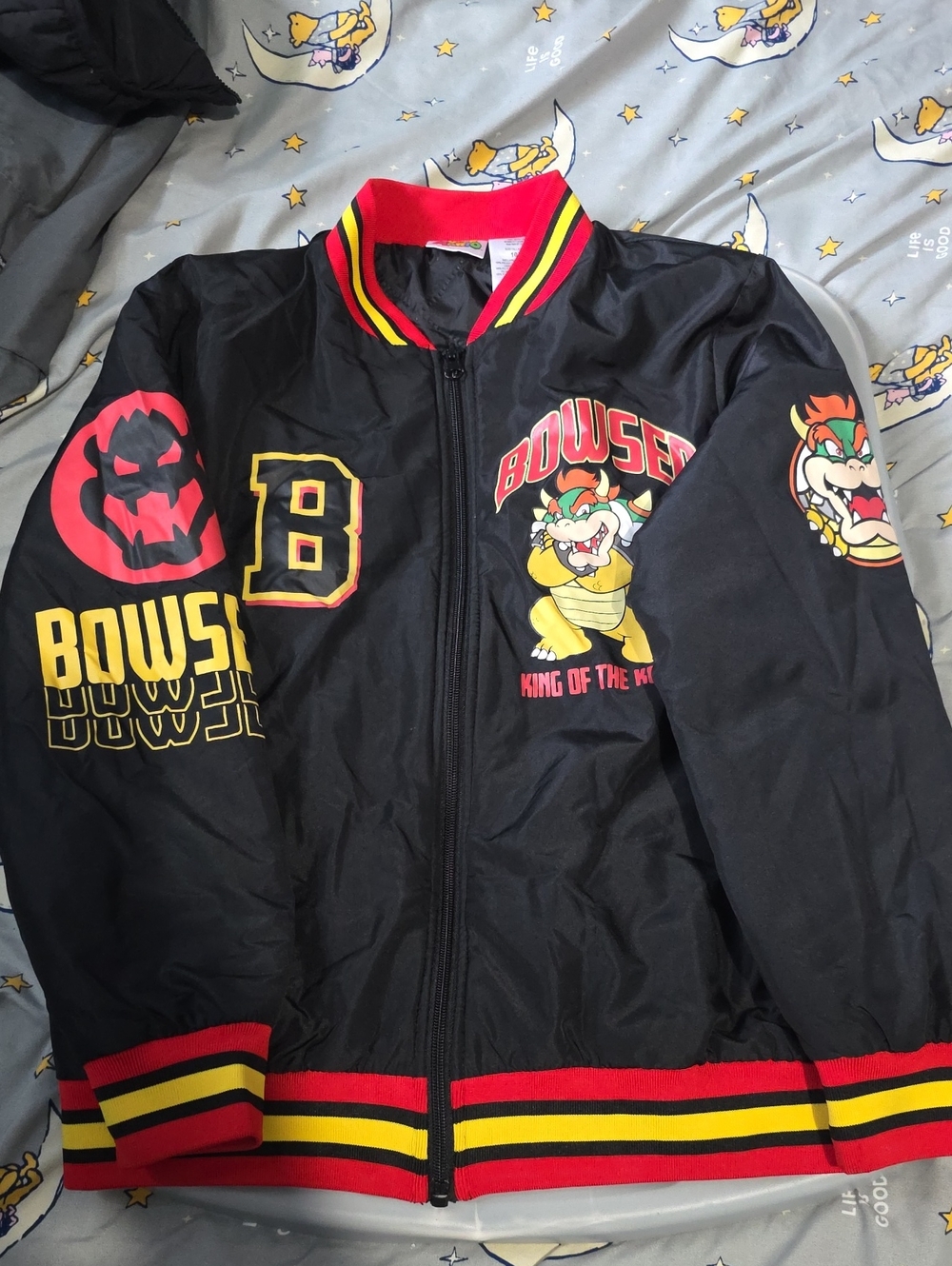 Bowser Kids' Black Bomber Jacket with Red & Yellow Trim